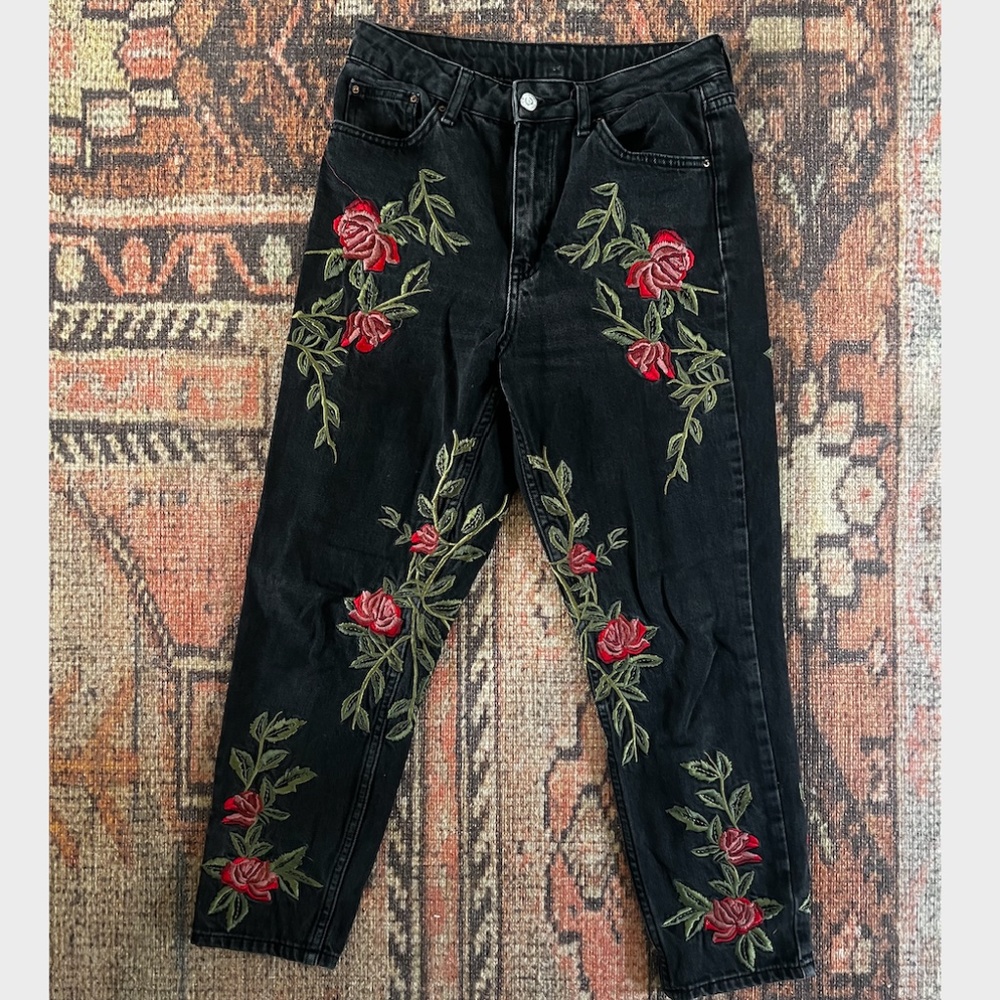 TopShop Moto Mom Black Jean Red Rose Embroidery